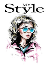 Hand drawn beautiful young woman in sunglasses. Stylish elegant girl look. Fashion woman portrait. Sketch.