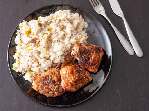 Roast Chicken Thighs Served With White Rice