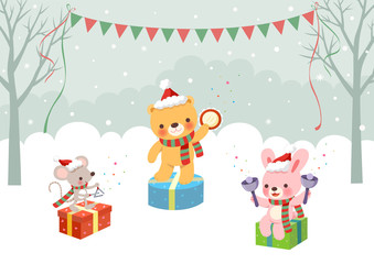 Christmas animals music concert in winter forest
