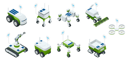 Isometric set of iot smart industry robot 4.0, robots in agriculture, farming robot, robot greenhouse. Agriculture smart farming technology vector illustration