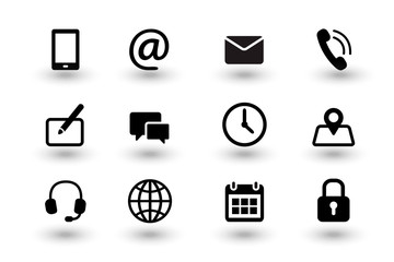 Set of contact us and web communacation icons. Simple flat black vector icons collection isolated on white background with shadows. Vector eps10