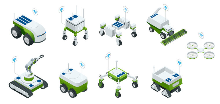 Isometric set of iot smart industry robot 4.0, robots in agriculture, farming robot, robot greenhouse. Agriculture smart farming technology vector illustration