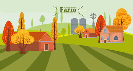 Obraz na płótnie Canvas Cute Eco Farming concept landscape, with house and farm outbuildings, autumn. Vector illustration, isolated