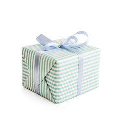 Striped gift box with blue ribbon