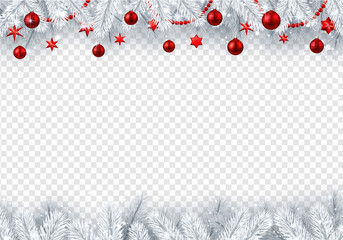 Christmas and New Year transparent background with fir branches and red Christmas balls.
