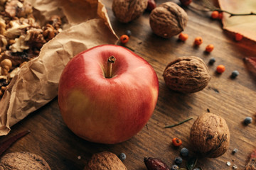 Autumn fruit, apple and walnuts