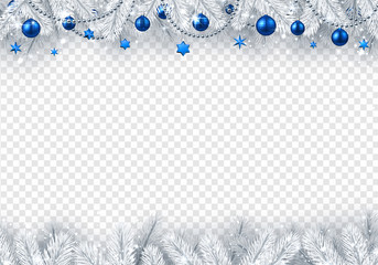 Christmas and New Year transparent background with fir branches and blue Christmas balls.