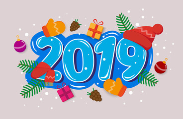 Fototapeta na wymiar Vector greeting card Happy New Year 2019 with toys, gifts, tree branches, winter gloves, pine cones . Seasonal holidays. Eps 10