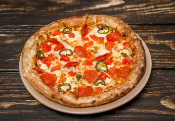 pizza on wood table 