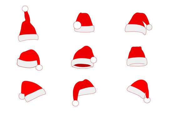 Set Red Santa hat, simple flat design. Vector
