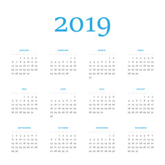 Vector calendar - Year 2019. Week starts from Sunday. Simple flat vector illustration.