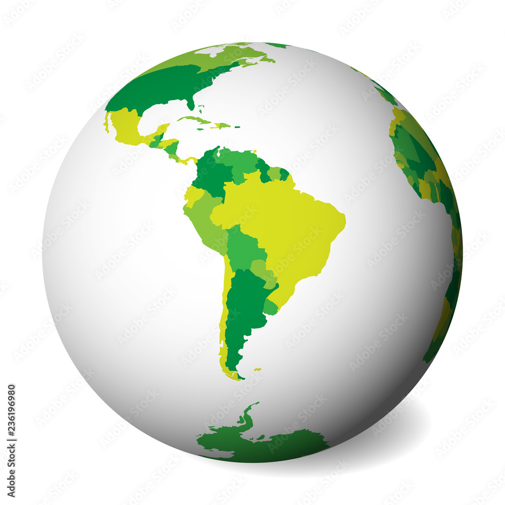 Wall mural blank political map of south america. 3d earth globe with green map. vector illustration. - Wall murals