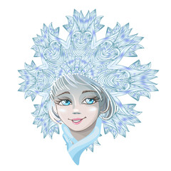 Beautiful young girl snow maiden isolated on white background. Character of Russian folklore. Sketch of Christmas invitation. Vector cartoon close-up illustration.