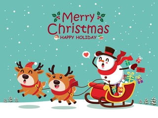 Vintage Christmas poster design with vector Snowman, Santa Claus, reindeer, elf characters.
