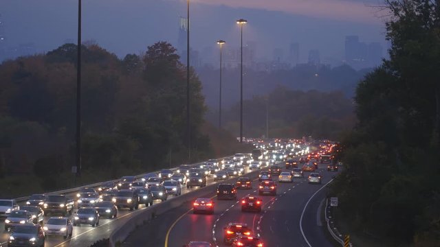 TORONTO, CANADA on Oct 17th: Don Valley Parkway with downtown Toronto in the distance, on Oct 17th, 2016 in Toronto, Canada. The Don Valley Parkway connects the Gardiner Expressway in downtown Toronto