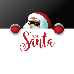 Secret Santa invitation background featuring cartoon Santa Claus holding a placard with copy space. Eps10 vector illustration. - 236199585