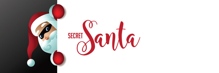Secret Santa invitation background featuring cartoon Santa Claus holding a placard with copy space. Eps10 vector illustration. - 236199599