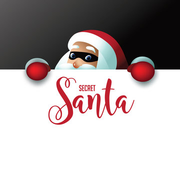 Secret Santa invitation background featuring cartoon Santa Claus holding a placard with copy space. Eps10 vector illustration.
