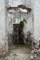 Rustic old wooden door on a concrete jungle wall in colonial Mexico. 