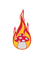 feuer brennen flammen heiß pilz fliegenpilz rot punkte essen giftig lecker hunger drogen trip wald sammeln kochen clipart design comic cartoon