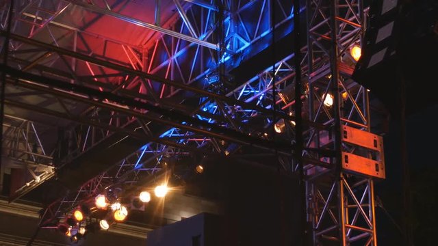 Spotlights and scaffolding at outdoor musical concert. Ville de Quebec, Quebec, Canada.