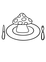 besteck teller messer gabel mittag pilz fliegenpilz rot punkte essen giftig lecker hunger drogen trip wald sammeln kochen clipart design comic cartoon