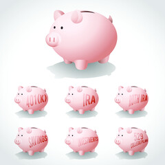 Illustration of a set of piggy banks denoting investment types