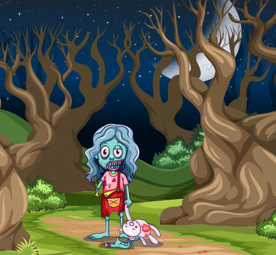 Young zombie girl in the dark wood