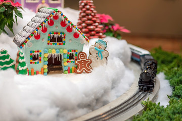 Toy train and holiday gingerbread village