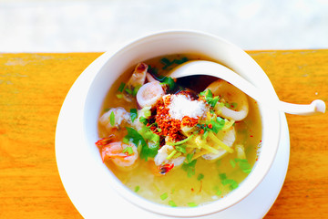 mush seafood Boiled rice seafood delicious breakfast Thailand food Thai style breakfast, Selective focus