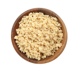 Cooked delicious quinoa in bowl isolated on white, top view