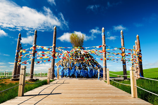 The Ovoo on the summer grassland of Hulnubuir, China.