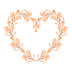 Illustration of watercolor hand drawn floral heart. Bouquet composition with peachy or orange flowers. Valentine Day card. Love, Wedding invitation, postcard, plumeria. Spring or summer design.