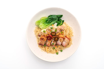 egg noodle soup with crispy pork belly and wonton