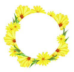 Obraz premium Illustration of watercolor hand drawn round frame with yellow wildflowers and green leaves. Exotic flower. Spring and summer romantic floral background.