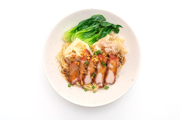 egg noodle with red roasted pork and wonton - Asian food style