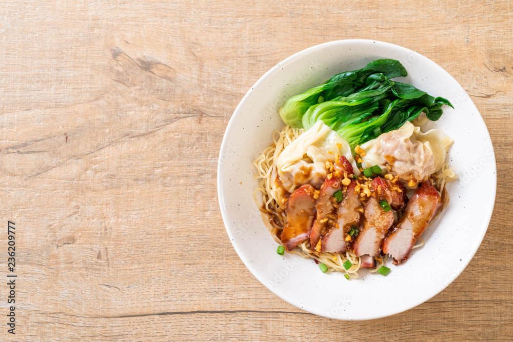 Wall mural egg noodle with red roasted pork and wonton