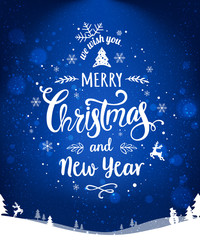Fototapeta na wymiar Merry Christmas and New Year typographical on blue holiday background with Christmas wreath, landscape, snowflakes, light, stars. Xmas card. Vector Illustration