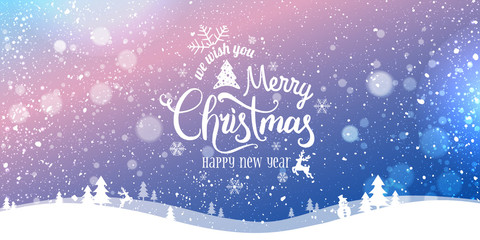 Christmas and New Year Typographical on snowy Xmas background with winter landscape with snowflakes, light, stars. Merry Christmas card. Vector Illustration