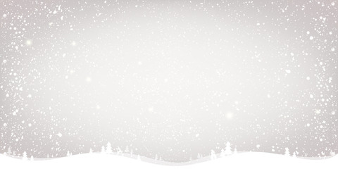 Winter Christmas background with landscape, snowflakes, light, stars. Xmas and New Year card. Vector Illustration