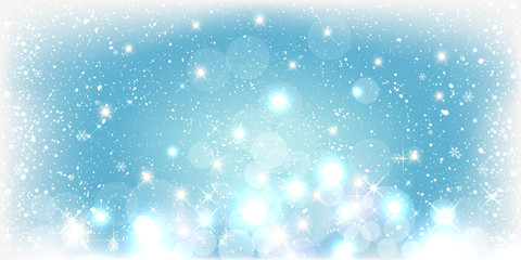 Blue Winter Christmas background with landscape, snowflakes, light, stars. Xmas and New Year card. Vector Illustration