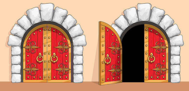 Medieval red wood gate decorated with wrought iron