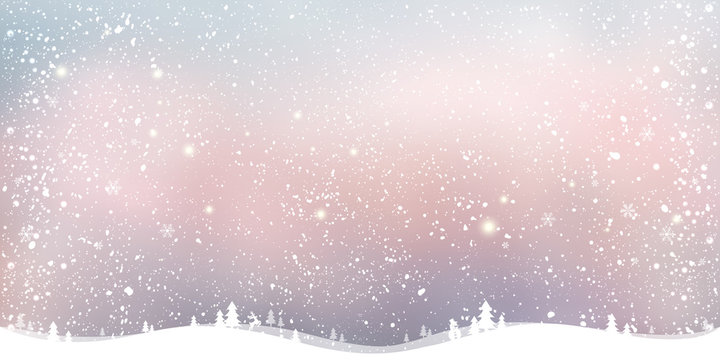 Winter Christmas background with landscape, snowflakes, light, stars. Xmas and New Year card. Vector Illustration