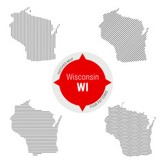 Hatched Pattern Vector Map of Wisconsin. Stylized Simple Silhouette of Wisconsin. Four Different Patterns