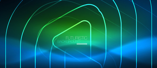 Neon glowing techno lines, hi-tech futuristic abstract background template with geometric shapes
