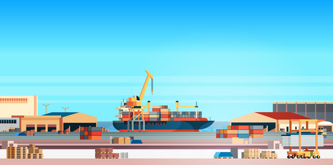 Industrial sea port cargo logistics container import export freight ship crane water delivery transportation concept shipping dock flat horizontal - obrazy, fototapety, plakaty