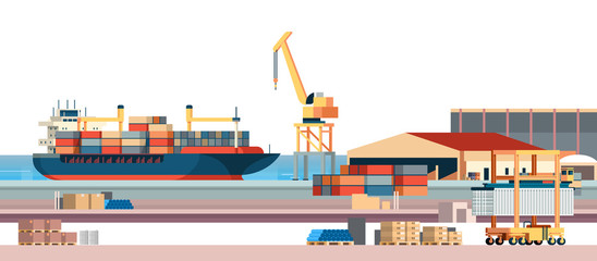 Industrial sea port cargo logistics container import export freight ship crane water delivery transportation concept shipping dock flat horizontal banner - obrazy, fototapety, plakaty