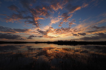 Colorful sunrise reflected in the perfectly calm water of Nine Mile Pond in Everglades National Park, Florida.