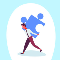 businessman carry back puzzle piece business man problem solution concept jigsaw cartoon character full length isolated flat