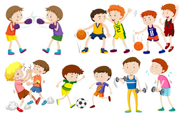 Set of boys doing activites